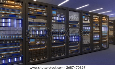 Black storage and processing unit, large AI processing server room, data center storage and network processing room, SSD and hard disk drive storage, and processor cooling system,3D rendering