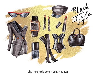 Black Stylish Outfit. Fashion Watercolor Sketch. Hand Painted Set Of Clothes And Accessories. Glamour Style. Virtual Stylist Blog