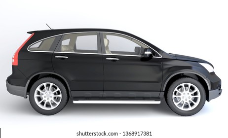 Black SUV Car - Side View, Generic Car Isolated On White Background, Mapping Image 3d Render. 