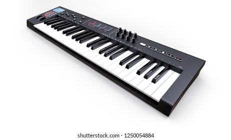 Black Synthesizer MIDI Keyboard On White Background. Synth Keys Close-up. 3d Rendering.