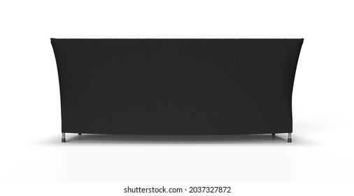 Black Table Cloth Box Fit Stitched Exhibition Adjustable Runner Isolated On White Background. 3D Render Illustration. Front View.