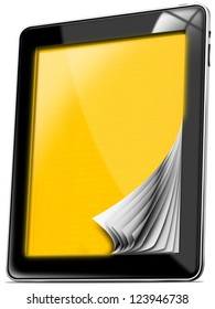 Black tablet computer with blank yellow pages on white background