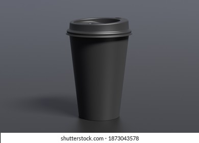 Black Take Away Coffee Paper Cup Mock Up With Black Lid On Black Background. 3d Render