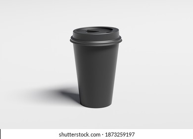 Black Take Away Coffee Paper Cup Mock Up With Black Lid On White Background. 3d Render