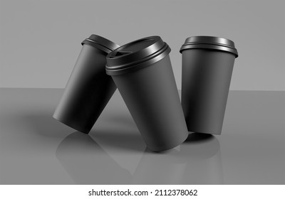 Black take away coffee paper cup mockup with black lid on black background. 3d render