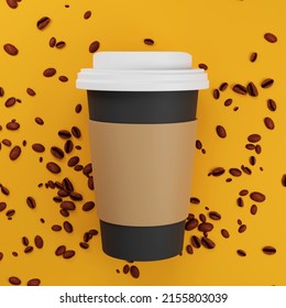  Black Takeaway Coffee Cup And Coffee Beans Mockup. 3D Render, Yellow Background.