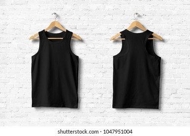 Black Tank Top Shirt Mock-up on wooden hanger, front and rear side view. 3D Rendering. 
