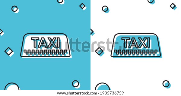 Black Taxi car roof sign icon\
isolated on blue and white background. Random dynamic\
shapes