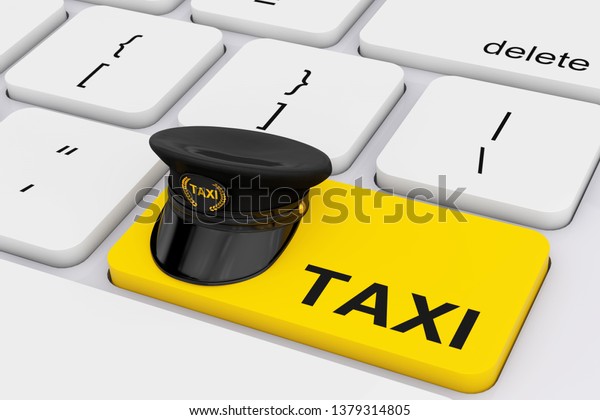 Black Taxi Driver Cap with Goldan Cockade and Taxi Sign
over Yellow Taxi Insurance Key on White PC Keyboard extreme
closeup. 3d Rendering
