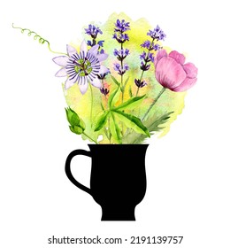 Black Tea Cup With Watercolor Medicinal Plants, Herbal Tea, Poppy, Passion Fruit Flower And Lavandula Plants, Sedative Infusion, Hand Drawn Illustration