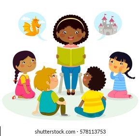 black teacher reading a book to kids of different ethnicities - Powered by Shutterstock