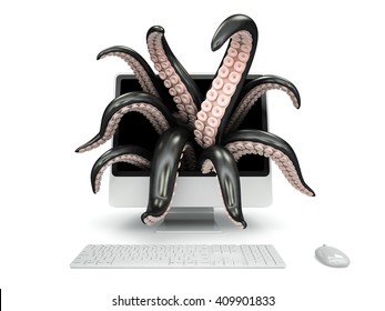 Black tentacles getting out of the computer monitor 3D rendering