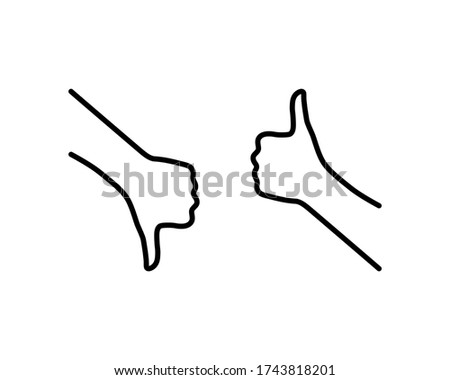 black thumbs up and thumbs down icon. concept of super or sure client recall and learning mistake. contour flat style trend modern outline simple logotype graphic thin line design isolated on white