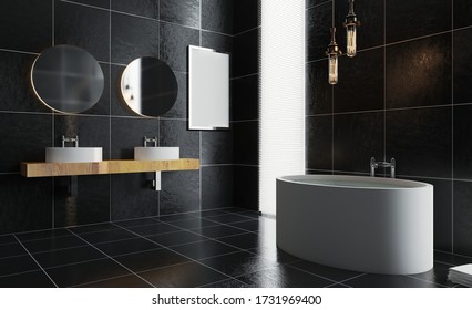 black tiled bathroom. large window with shutters, Blank paintings.  Mockup.. 3D rendering.