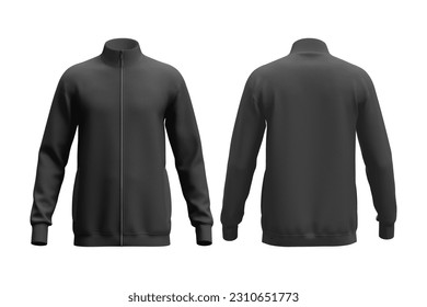 Black tracksuit top, Sport jacket or long sleeve black sweatshirt mockup template front and back view. Insulated sportswear or modern unisex zip-up sportswear.3d rendering.