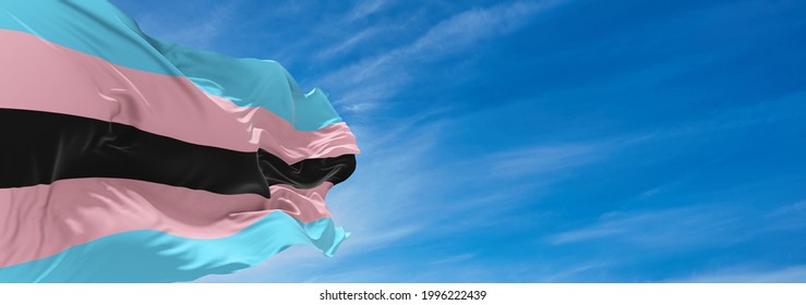 Black Trans Flag Waving In The Wind At Cloudy Sky. Freedom And Love Concept. Pride Month. Activism, Community And Freedom Concept. Copy Space. 3d Illustration,