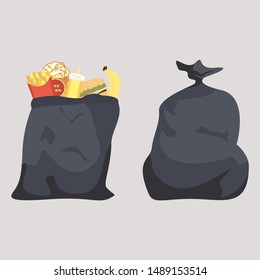 Black Trash Bag Open. With Fast Food. Hamburger Banana Sweet Water French Fries