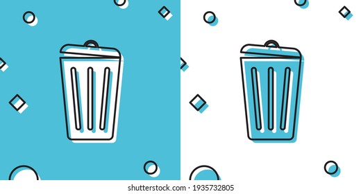 Black Trash Can Icon Isolated On Blue And White Background. Garbage Bin Sign. Recycle Basket Icon. Office Trash Icon. Random Dynamic Shapes