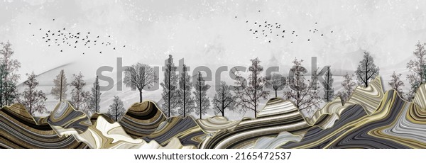 black trees with colorful marble mountains in a light gray background with white clouds and birds.
3d mural illustration wallpaper landscape art

