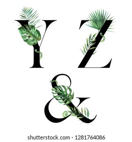 Black Tropical Floral Alphabet Set - letters Y, Z, & Ampersand with flowers bouquet composition. Unique collection for wedding invites decoration & other concept ideas.