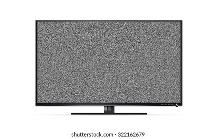 Black TV Flat Screen Stand With White Noise, Mock Up Isolated. Black HD Error Led Monitor Mockup. Flatscreen Television Retro Broadcasting Interference Background. Abstract Display Monochrome Texture.