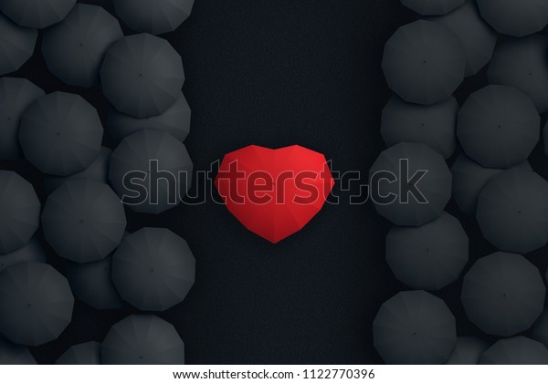 Black umbrellas parted the flowing umbrella\
in the shape of a heart. 3d\
illustration