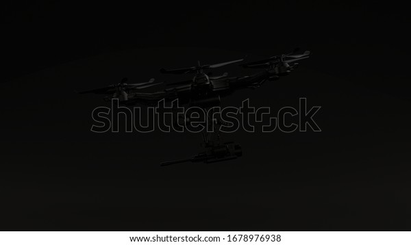 Black Unmanned Aerial Vehicle\
Drone  Black Background Front View 3d illustration 3d\
render