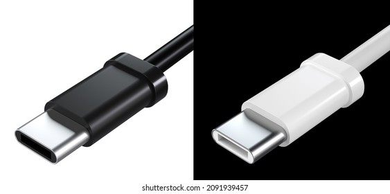 Black USB Cable Type C Plug Universal Computer And Phone Connection On A White Background. Isolated Usb Cord.  Charger Usb Cable Perspective. 3D Render. 