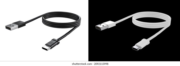 Cable USB negro tipo C enchufe el ordenador universal y la conexión telefónica en un fondo blanco. cable usb aislado.  Perspectiva del cable usb del cargador. procesado 3D. 