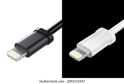 Black USB Cable Type Lighting Plug Universal Computer And Phone Connection On A White Background. Isolated Usb Cord.  Charger Usb Cable Perspective. 3D Render. 