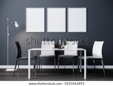 Black vertical poster frame mock up in dinning room modern interior with luxury white and black chairs and table with wooden floor and gray wall, 3d rendering