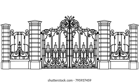 Black Vintage Wroughtiron Gates Fence On Stock Illustration 795937459 ...