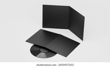 Black Vinyl Record Mockup, Dark Blank record album with Disk 3d rendering isolated on light Background	