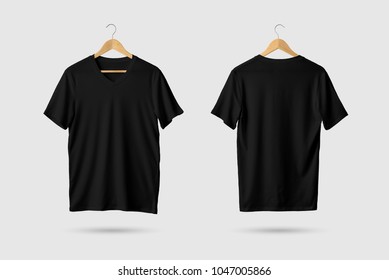 Black V-Neck Shirt Mock-up on wooden hanger, front and rear side view. 3D Rendering.