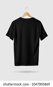 Black V-Neck Shirt Mock-up On Wooden Hanger,  Rear Side View. 3D Rendering.