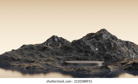 black volcanic rock   cooled magma  pedestal stand advertisement perfume cosmetic skin care product man  meteorite stone mountains hill display planet space mars dark mysterious  3D illustration 