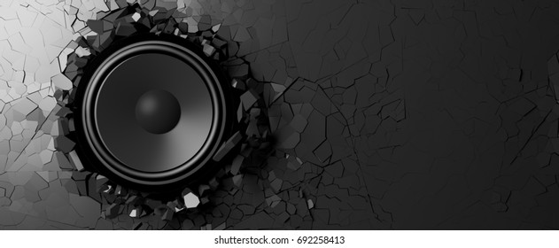 Black wall breaks from the sound of a loudspeaker. 3d illustration