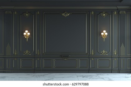 Black wall panels in classical style with gilding and sconces. 3d rendering