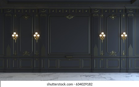 Black Wall Panels In Classical Style With Gilding And Sconces. 3d Rendering
