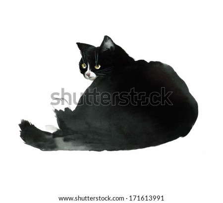 Black watercolor cat turned back