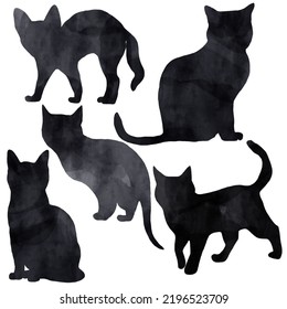 Black watercolor cats set isolated on white background, cats in different poses. Perfect for Halloween decoration - Powered by Shutterstock