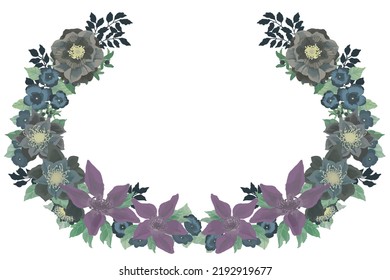 Black Watercolor Flower Wreath Oval Frame Illustration