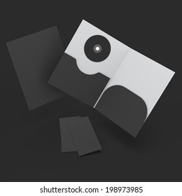 Black Welcome Pack Folder. Open And Closed Folder With CD And Flyers Isolated On White. Render