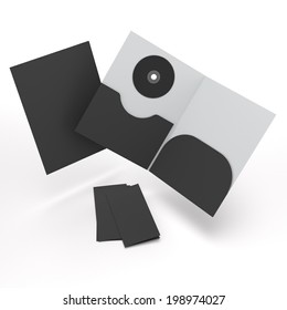 Black Welcome Pack Folder. Open And Closed Folder With CD And Flyers Isolated On White. Render