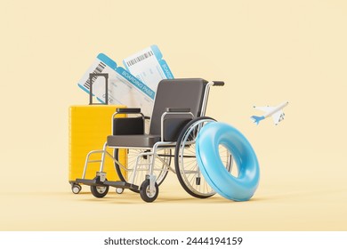 Black wheelchair and suitcase with tickets, summer vacation, holiday trip for disabled people. Concept of inclusive traveling and transportation. 3D rendering illustration - Powered by Shutterstock