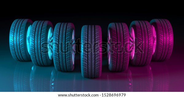 black wheels on a black background in neon\
lighting, 3d\
illustration