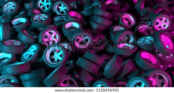 black wheels on a black background in neon\
lighting, 3d\
illustration