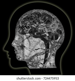 Black and white abstract human head design with brain and stylized nervous system on black background with external glow.
