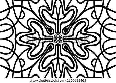 A black and white abstract pattern featuring intricate symmetrical lines that form a floral-inspired mandala design. The artwork has a high-contrast, decorative, and modern aesthetic, suitable for bac