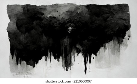 Black And White Abstract Water Color Painting Hanging On The Wall Large Abstract Image Of Black Ink Dripping Down And A Human Woman Figure Silhouette Creepy Face Coming Out Of The Smoke